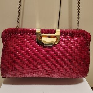 Vintage Mint 60's Vanessa Raspberry Hard Framed Wicker Clutch/Chain Strap Bag